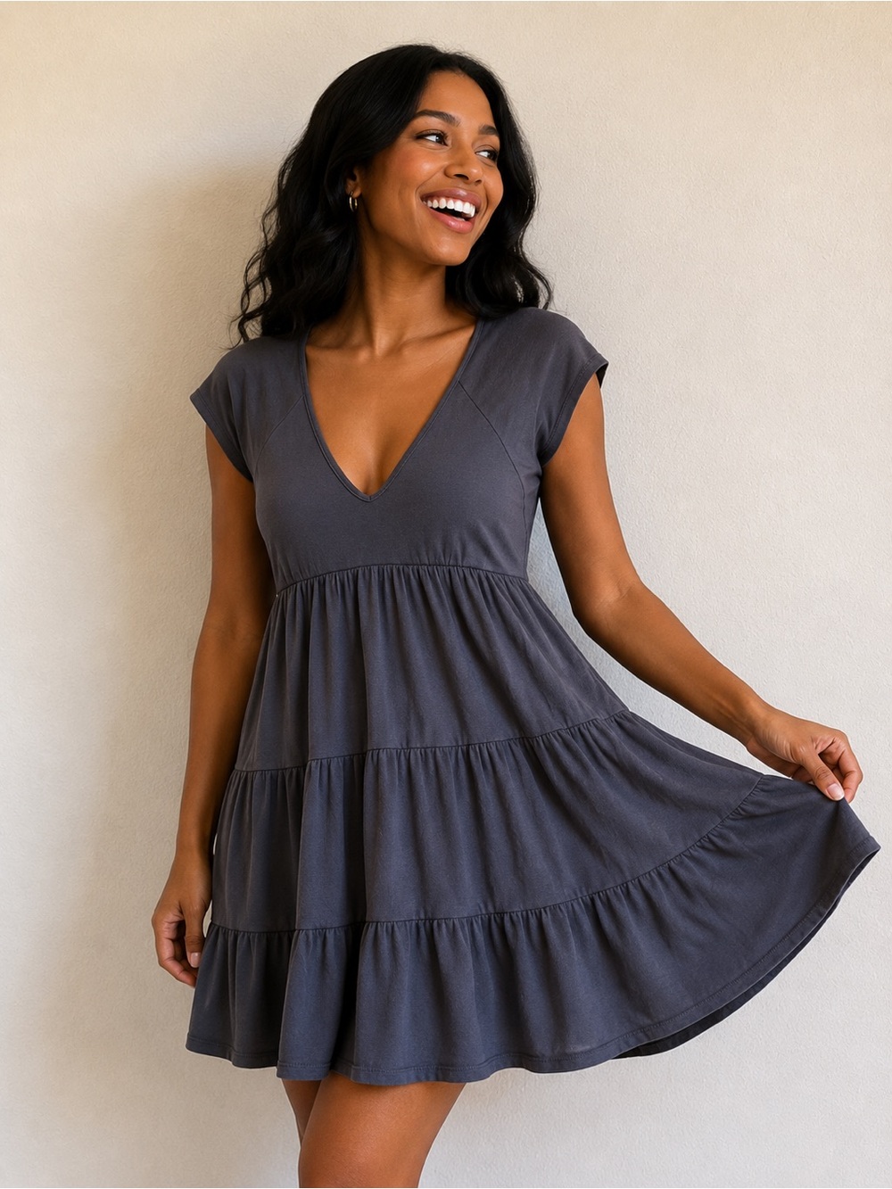 Altar'd State Charcoal Tiered V-Neck Mini Dress